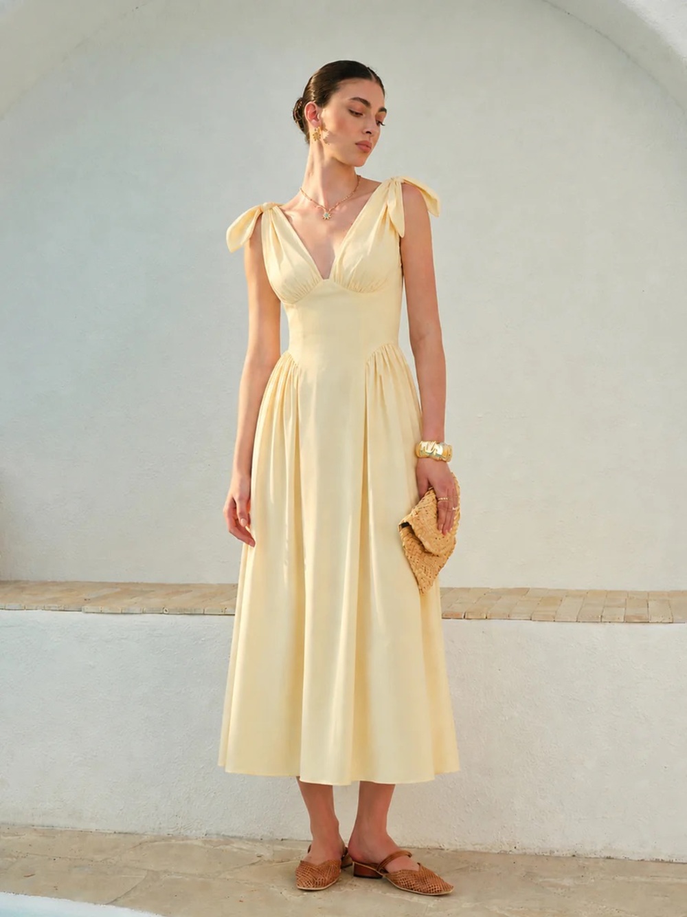 COMMENSE Cross Back Bow Strap Midi Dress